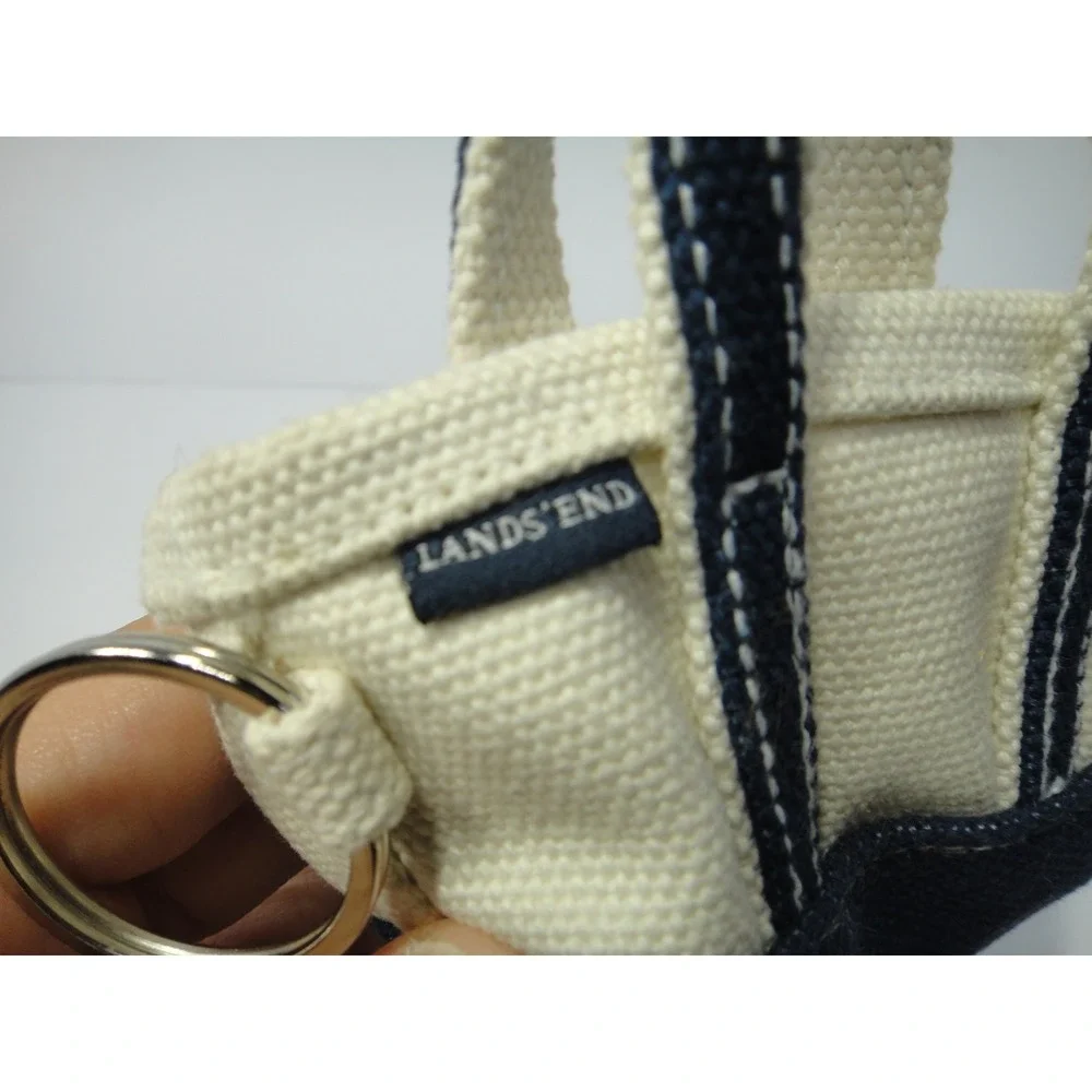 Lands End Mini Canvas Tote Bag Keychain Navy Blue Cream Nautical Bag Charm EUC